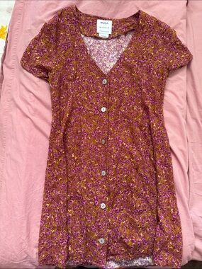 RVCA Rust Floral Button-Front Casual Dress with Pink Accents